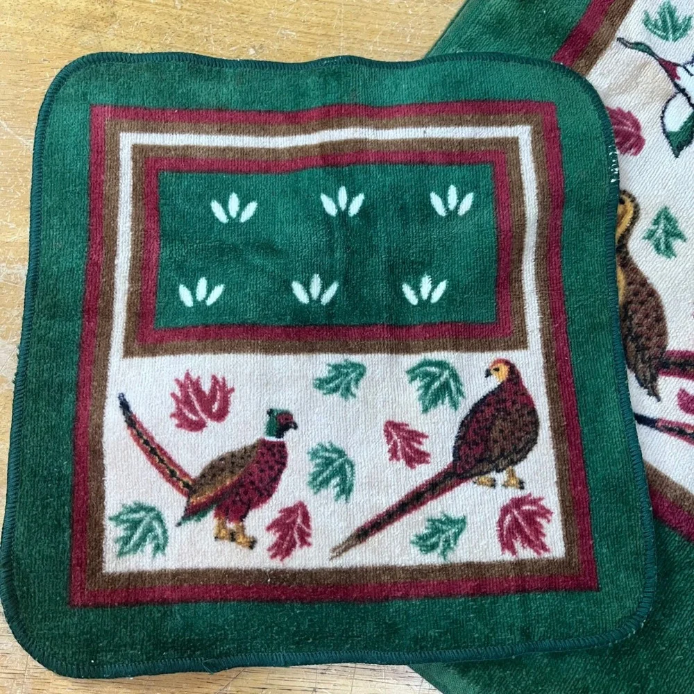 Vtg Green Wildlife Pheasant Duck Bath Towel Set Cabin Lodge Rustic Decor 2pc‎
